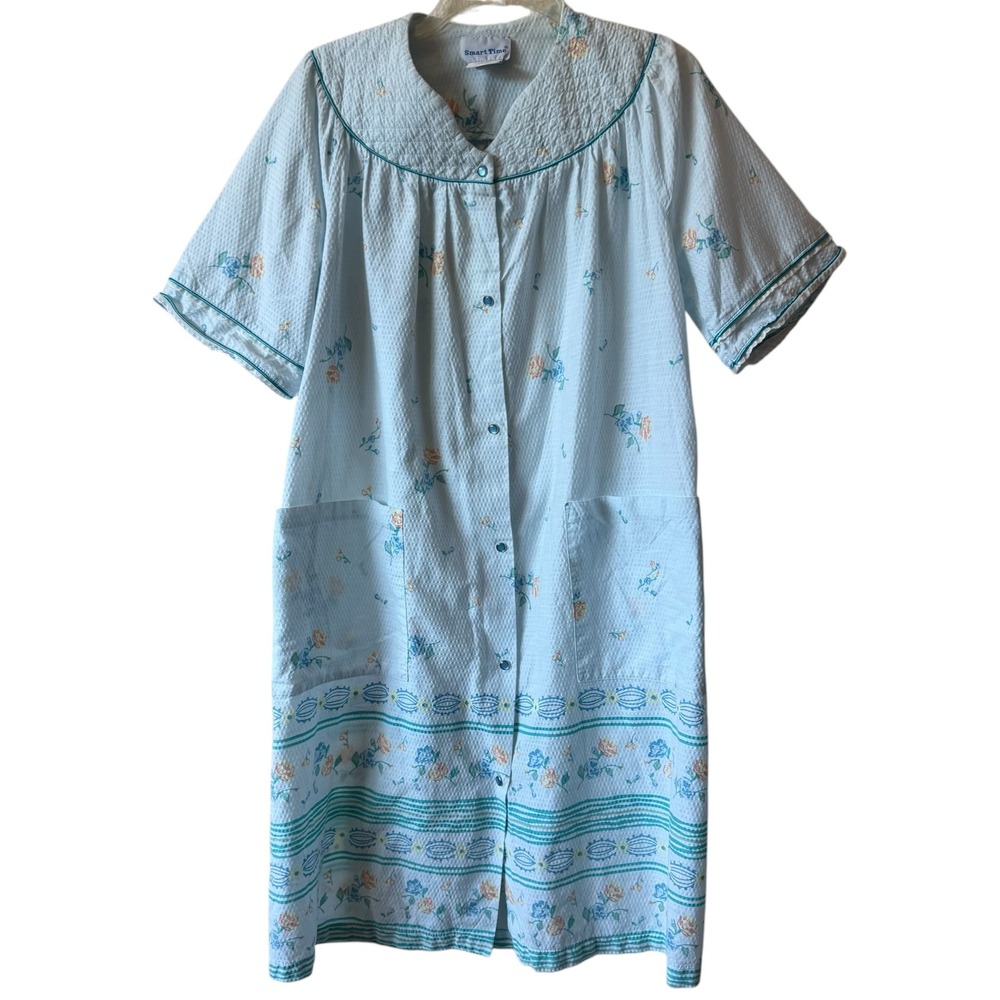 Vintage Smart Time Seersucker Housecoat Pearl Snap Small Cottagecore Grandmacore